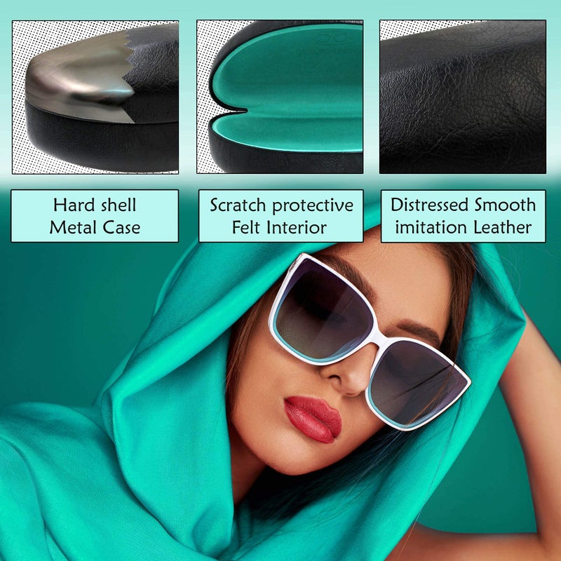 MyEyeglassCase - XL Sunglasses Case for Curved Frames - Large Glasses Holder in an Elegant Classic Design best for Aviators - Womens Eyeglass Case Clam Shell - Drawstring Pouch & Cloth (AS179 Black) - Image 3
